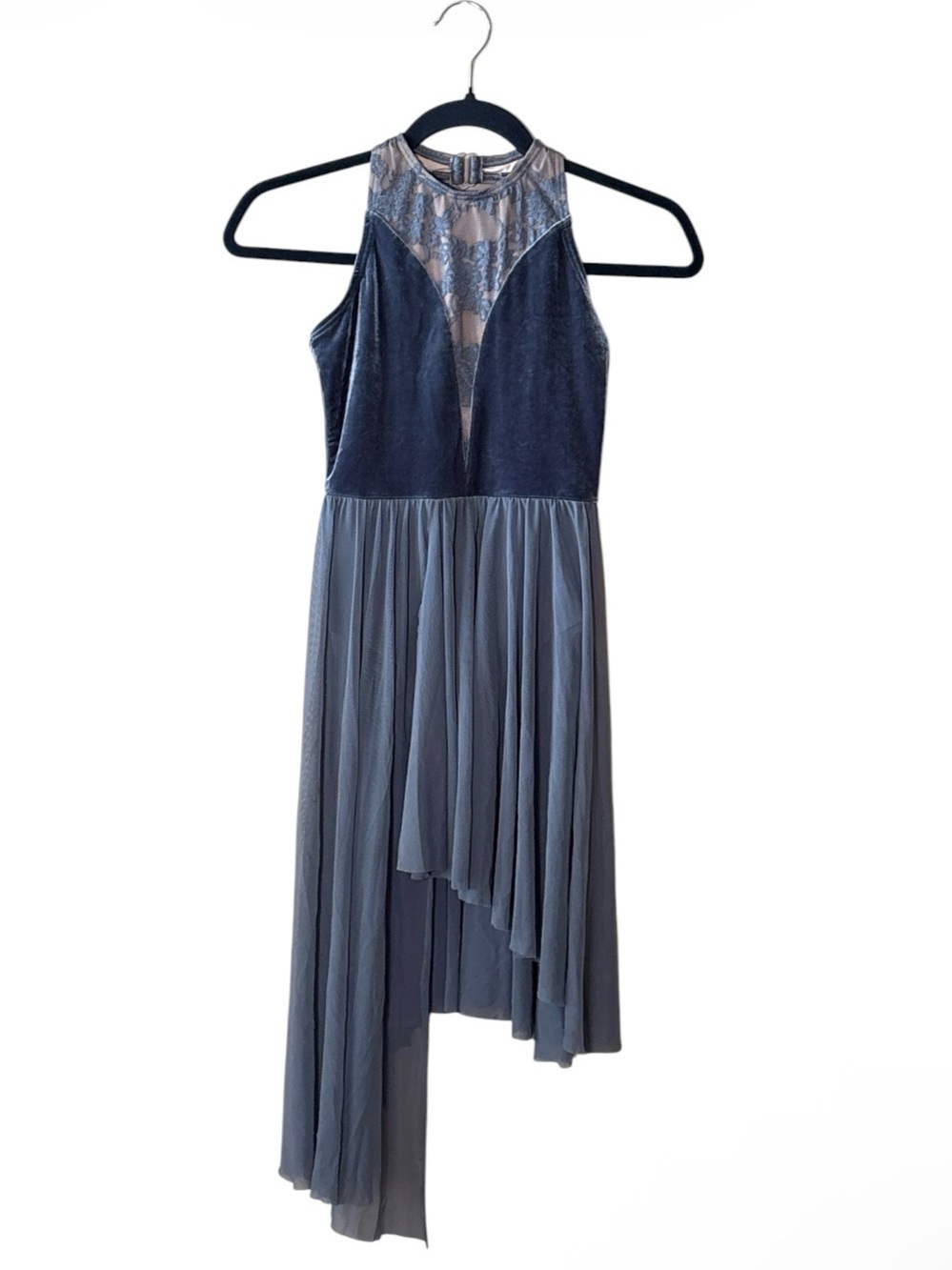 Weissman Navy Velvet & Lace High-Low Chiffon Dance Dress,Size MC